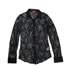 Bongo Y2K Black Metallic Silver Lace Button Front Shirt